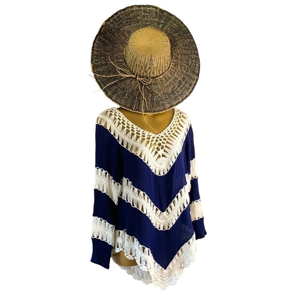Vtg crochet knit open weave long sleeve sweater top navy cream stripe Vneck S - Picture 5 of 9